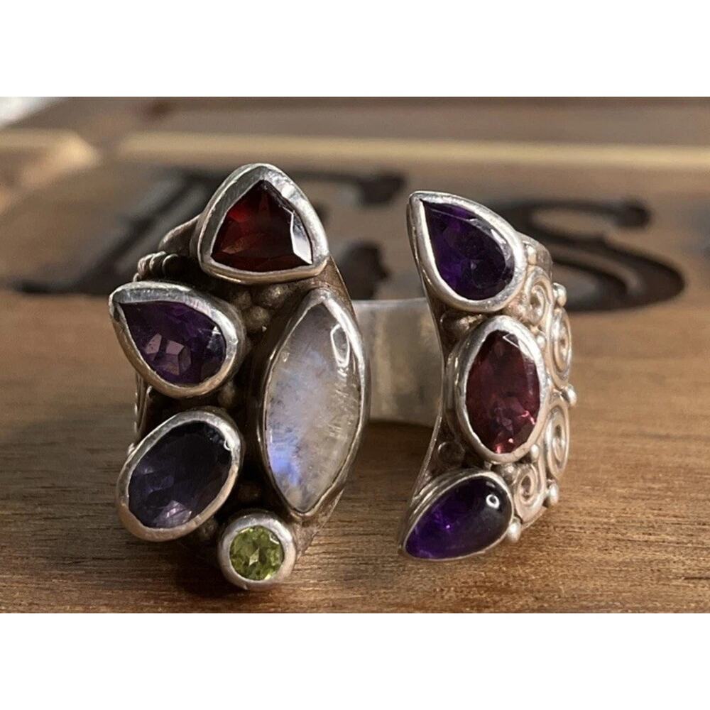 Sajen Sterling Silver Multi Gemstone Ring Amethyst Garnet Moonstone Size 6.5